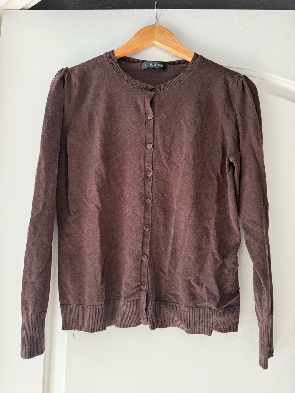 august silk Chocolate Brown Puff-Sleeve Button Cardigan
